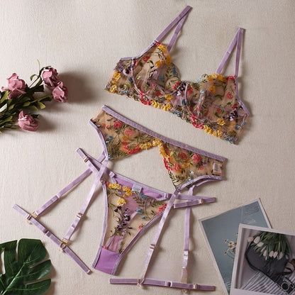 Embroidered Floral Lingerie Set with Underwire