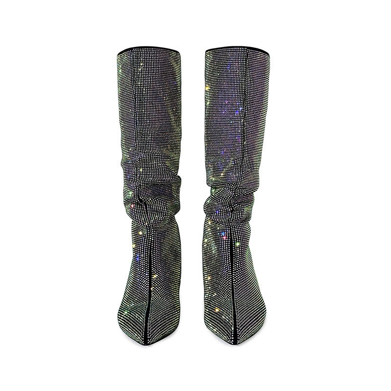 Pointed Flat Rhinestone Suede High Boots