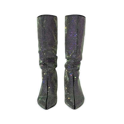 Pointed Flat Rhinestone Suede High Boots