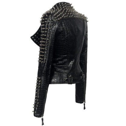 Amerikaanse designer klinknagel korte motor croco PU-leren jacket