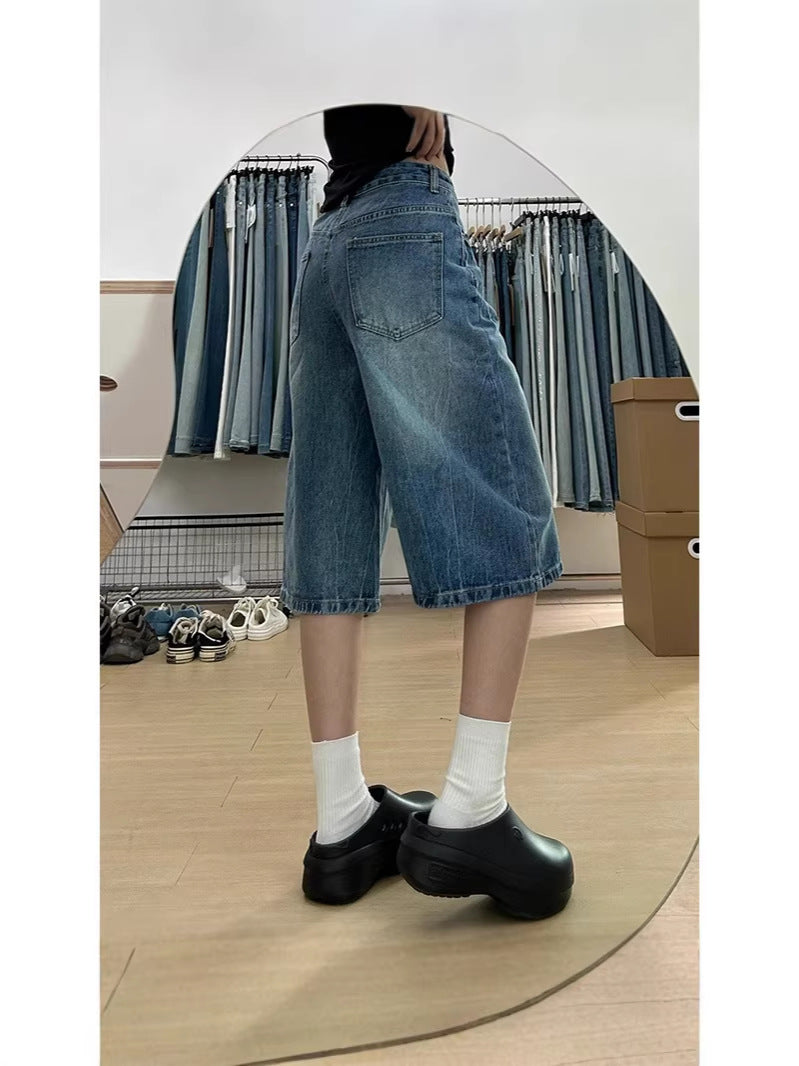 Rhinestone Bamboo Denim Wide-Leg Cropped Pants