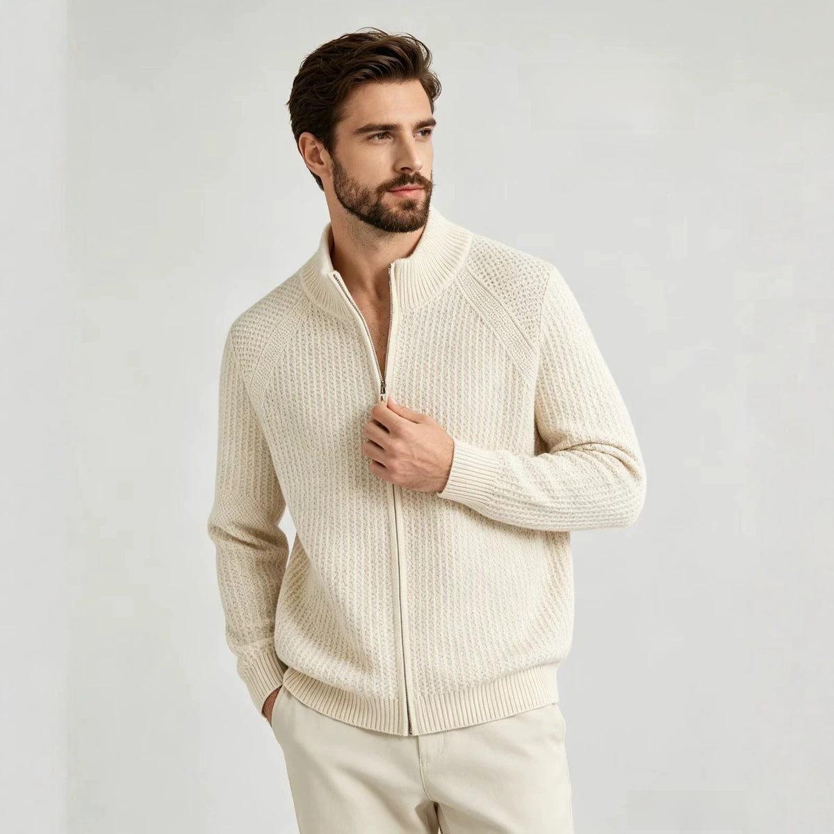 Mens Stand Collar Zip Up Knit Cardigan