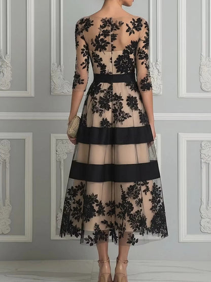 One-Shoulder Seven-Sleeve Flocking Floral Striped Tight-Waist Dress