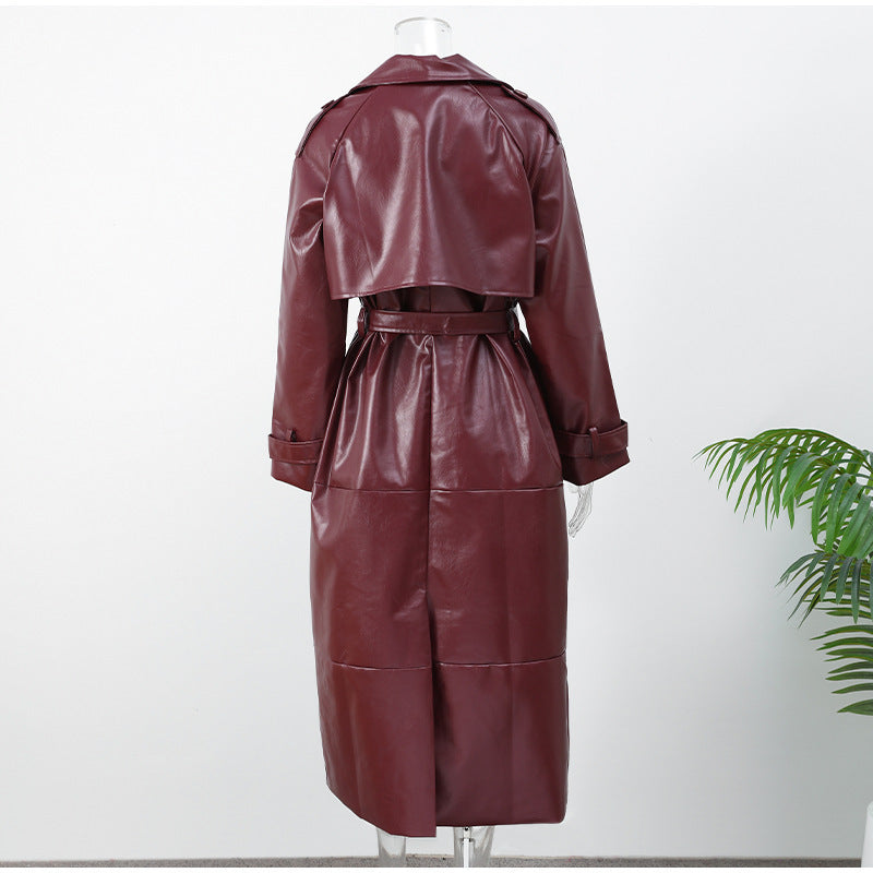 Deep Red Waist-Cinching Belted Suit Collar Long Slim-Fit Leather Coat Trench Coat Jacket