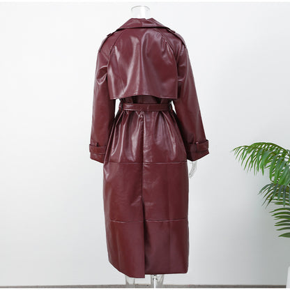 Deep Red Waist-Cinching Belted Suit Collar Long Slim-Fit Leather Coat Trench Coat Jacket