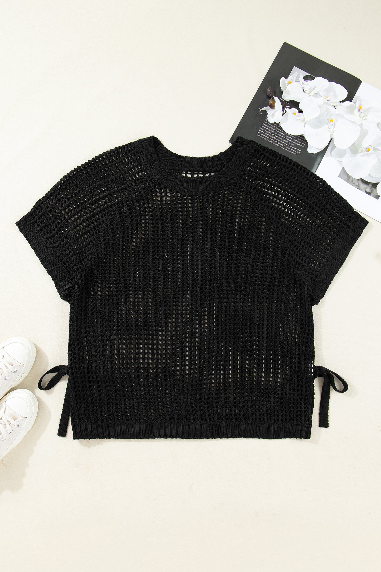 Plus size open gebreide trui met strik en korte mouwen