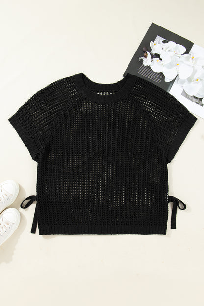 Plus size open gebreide trui met strik en korte mouwen