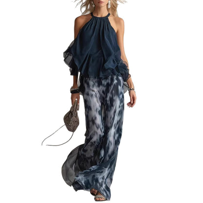 Sleeveless Halter Top and Printed Wide-Leg Pants Set