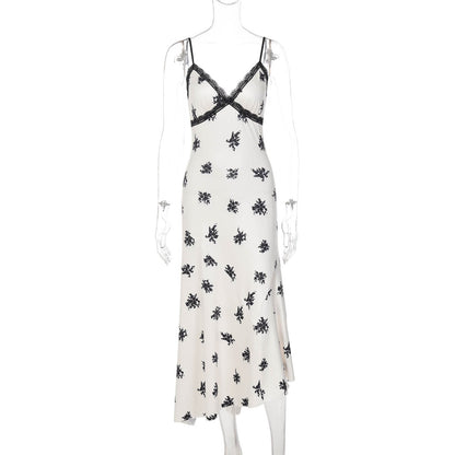 French Style Lace Splicing V-Neck Slim Suspender Dress