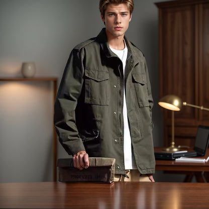 Men Retro Workwear Jacket Loose Multi Pocket Spring Autumn Outerwear