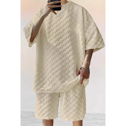 Men's Jacquard Plaid Casual T-Shirt and Shorts Set
