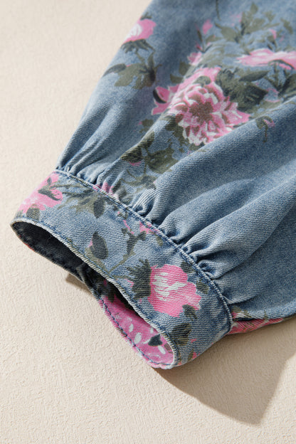 Blauwe denim overhemd met armbandmouwen en bloemenprint