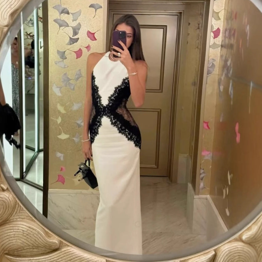 Lace Splicing Backless Long Dress