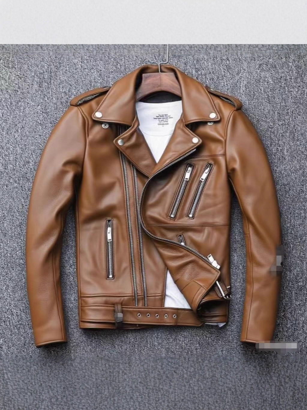Men's leather jacket with water-washed finish, motorcycle-style men's leather jacket