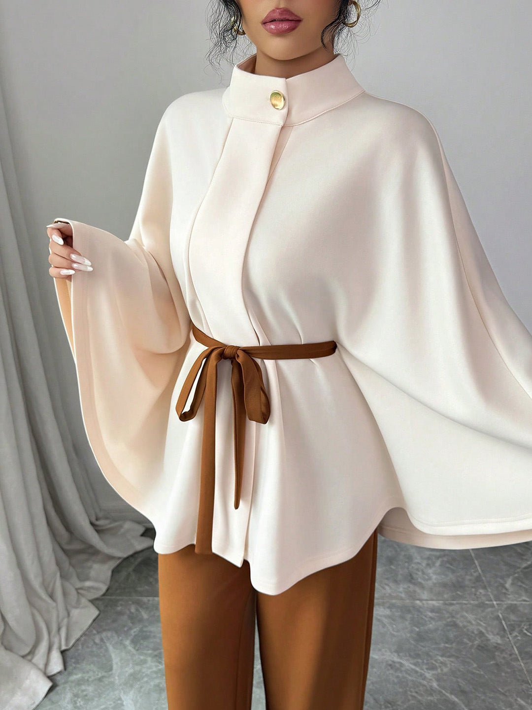 Women's Mock Neck Waist-Tie Short Woolen Coat Set