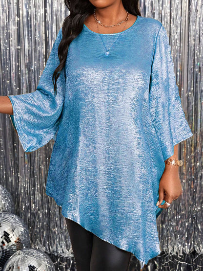 Women Oversized Solid Color Round Neck Asymmetric Top Shirt