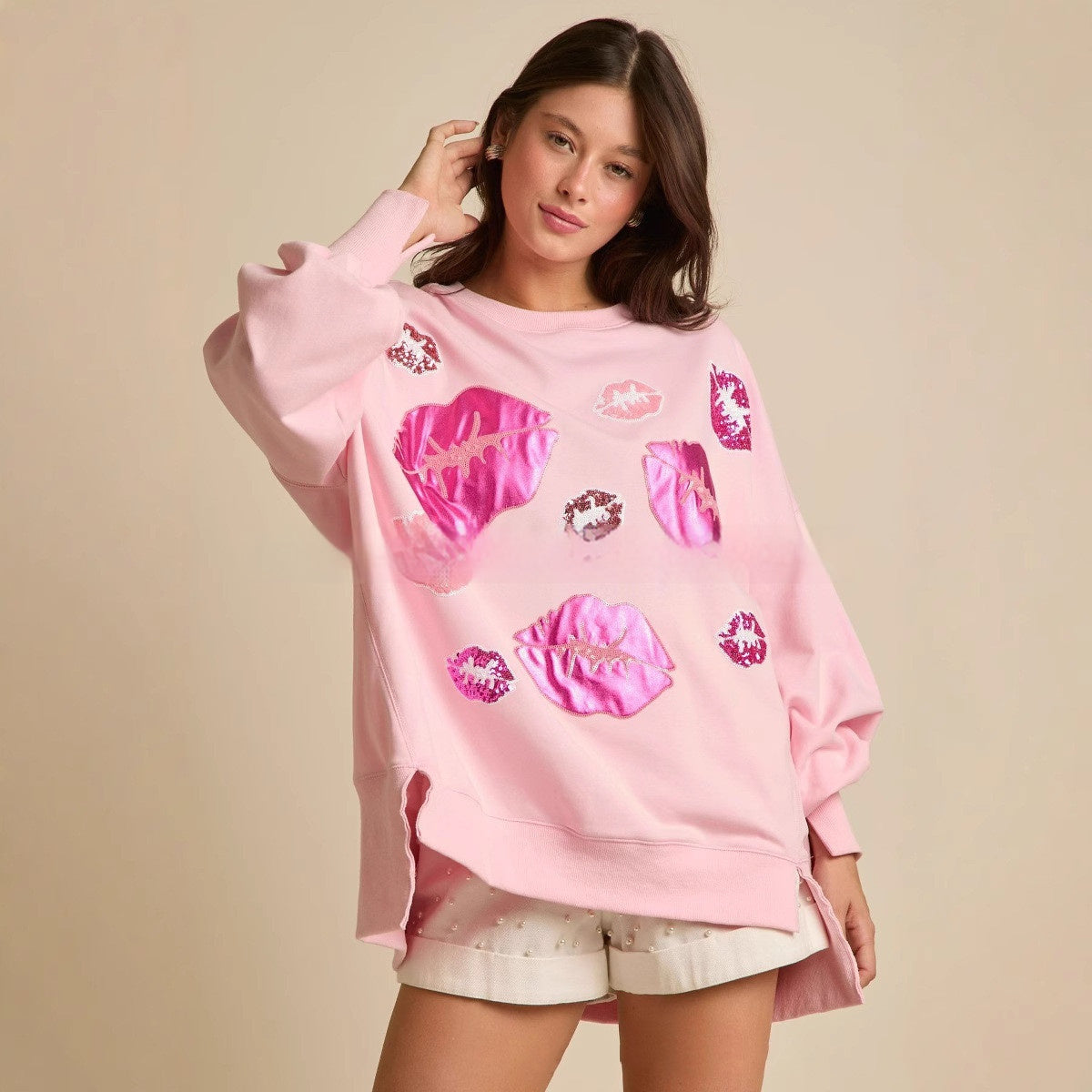 Valentijnsdag sweatshirt met pailletten en kusjes