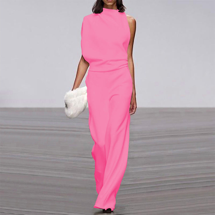 Womens Solid Color One Shoulder Ruched Collar Jumpsuit