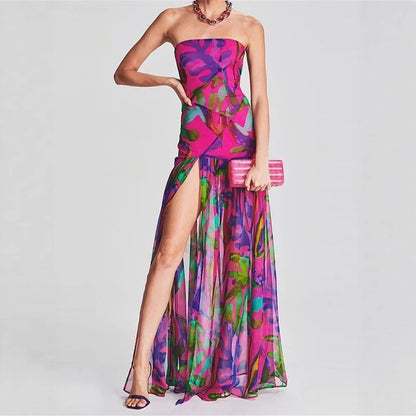 Women's Printed Tube Top Sleeveless Slit Dress