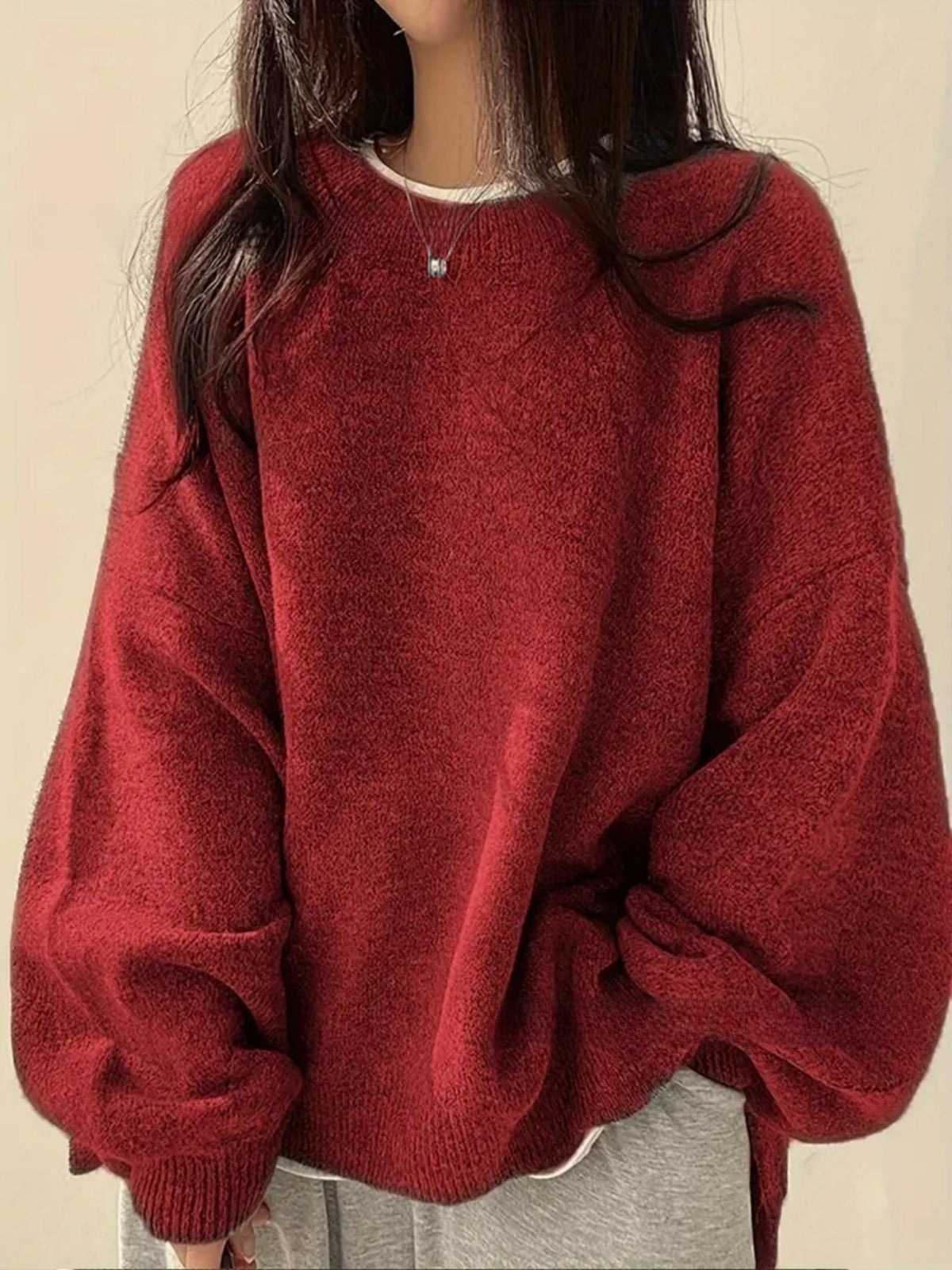 Casual Versatile Solid Color Slit Pullover Loose Long-Sleeve Women's Sweater