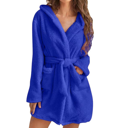 Womens Plush Hooded Bathrobe Warm Homewear