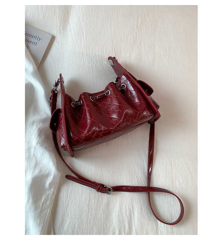 Women's Quilted Diamond Pattern PU Leather Chain Drawstring Shoulder Bag