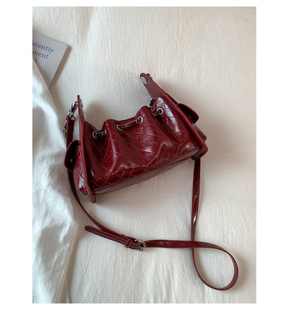 Women's Quilted Diamond Pattern PU Leather Chain Drawstring Shoulder Bag