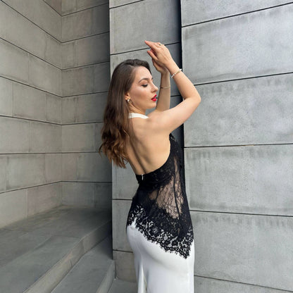 Lace Patchwork Hollow-Out Bodycon Dress Halter Neck