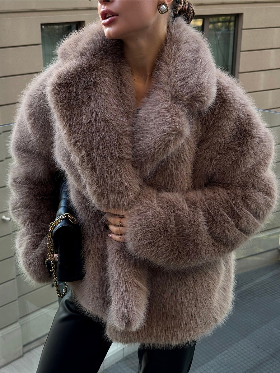 Women's Loose Fit Imitation Fur Coat Long Sleeve Suit Collar Winter Warm Outerwear