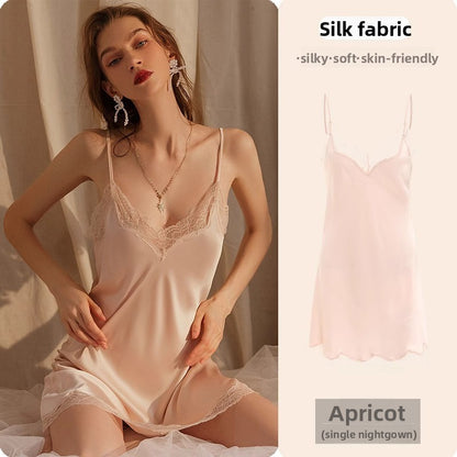 Lace Trim Ice Silk Womens Sleepwear Nightdress