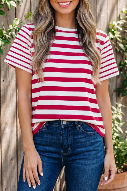 Rood gestreept patchwork T-shirt met ronde hals