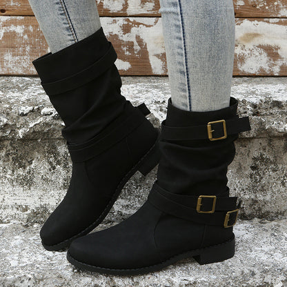 Womens Belt Buckle Low Heel Mid-Calf PU Leather Martin Boots
