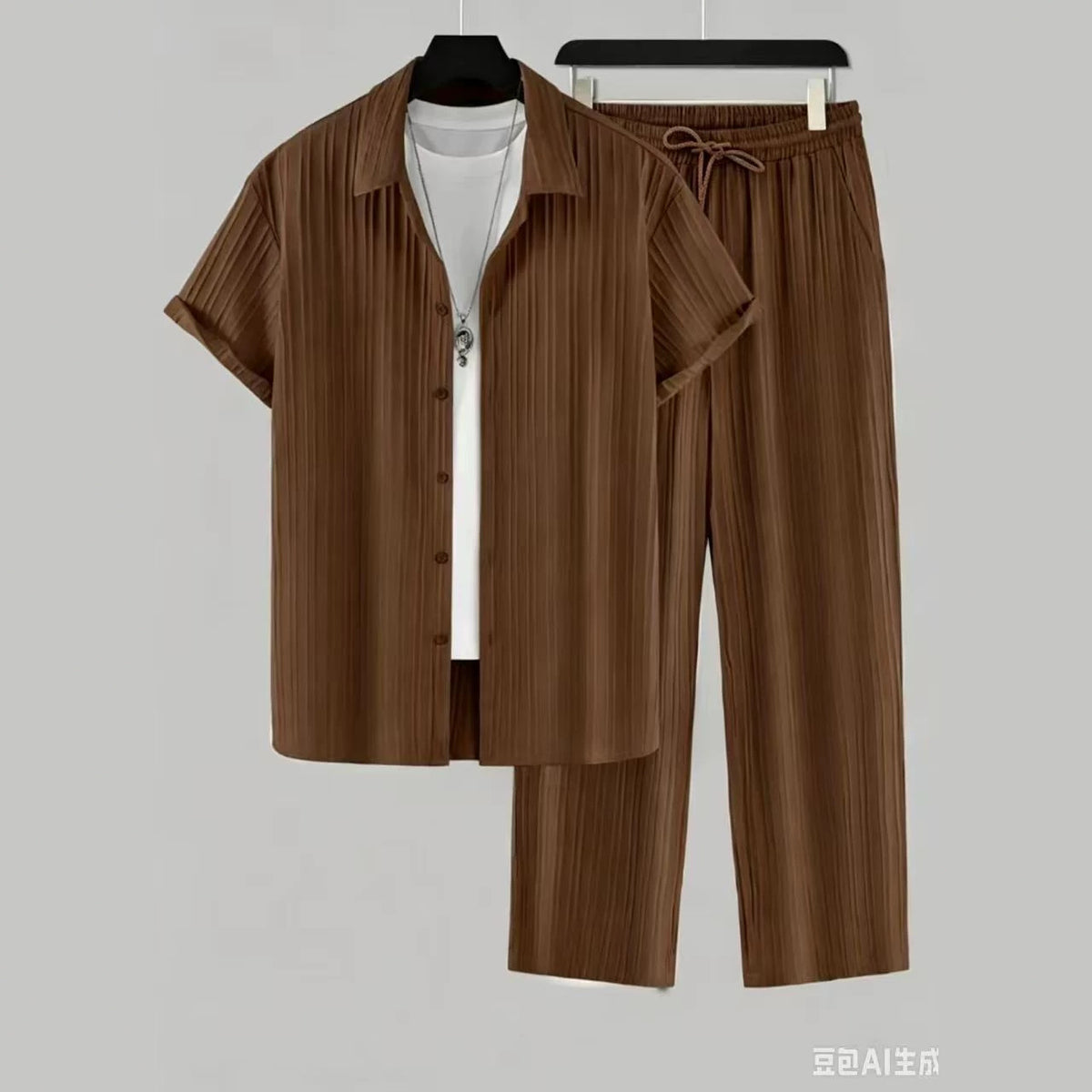 Men's Striped Short-Sleeve Shirt and Drawstring Pants Set