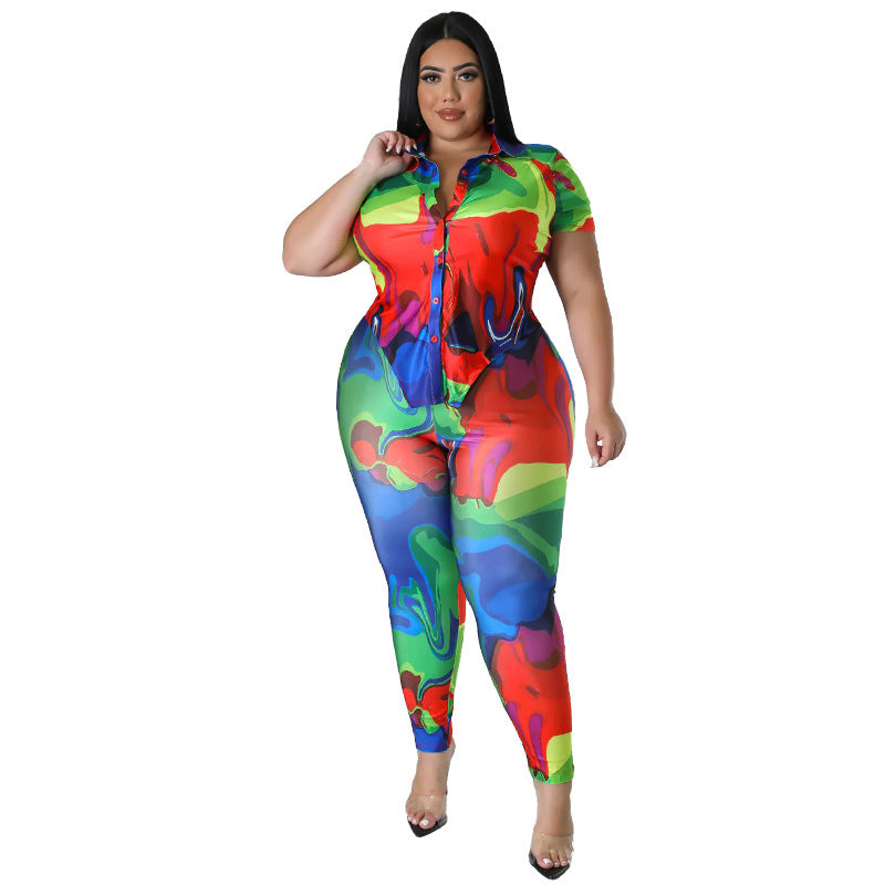 Plus Size Dames Bedrukte Zomerbroek met Korte Mouwen Blouse
