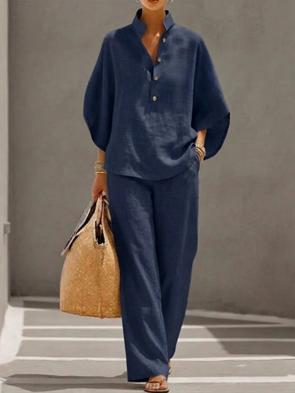 Womens Cotton Linen Shirt Set Casual Long Sleeve