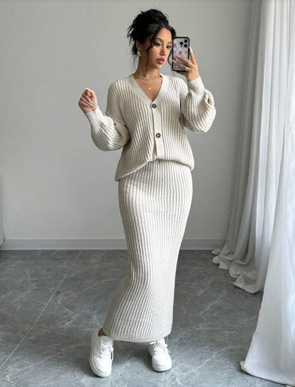 Womens V Neck Slim Knitted Striped Casual Suit
