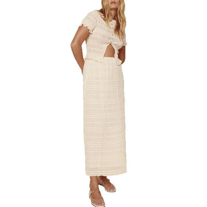 Pure Color Pleated Blouse and Skirt