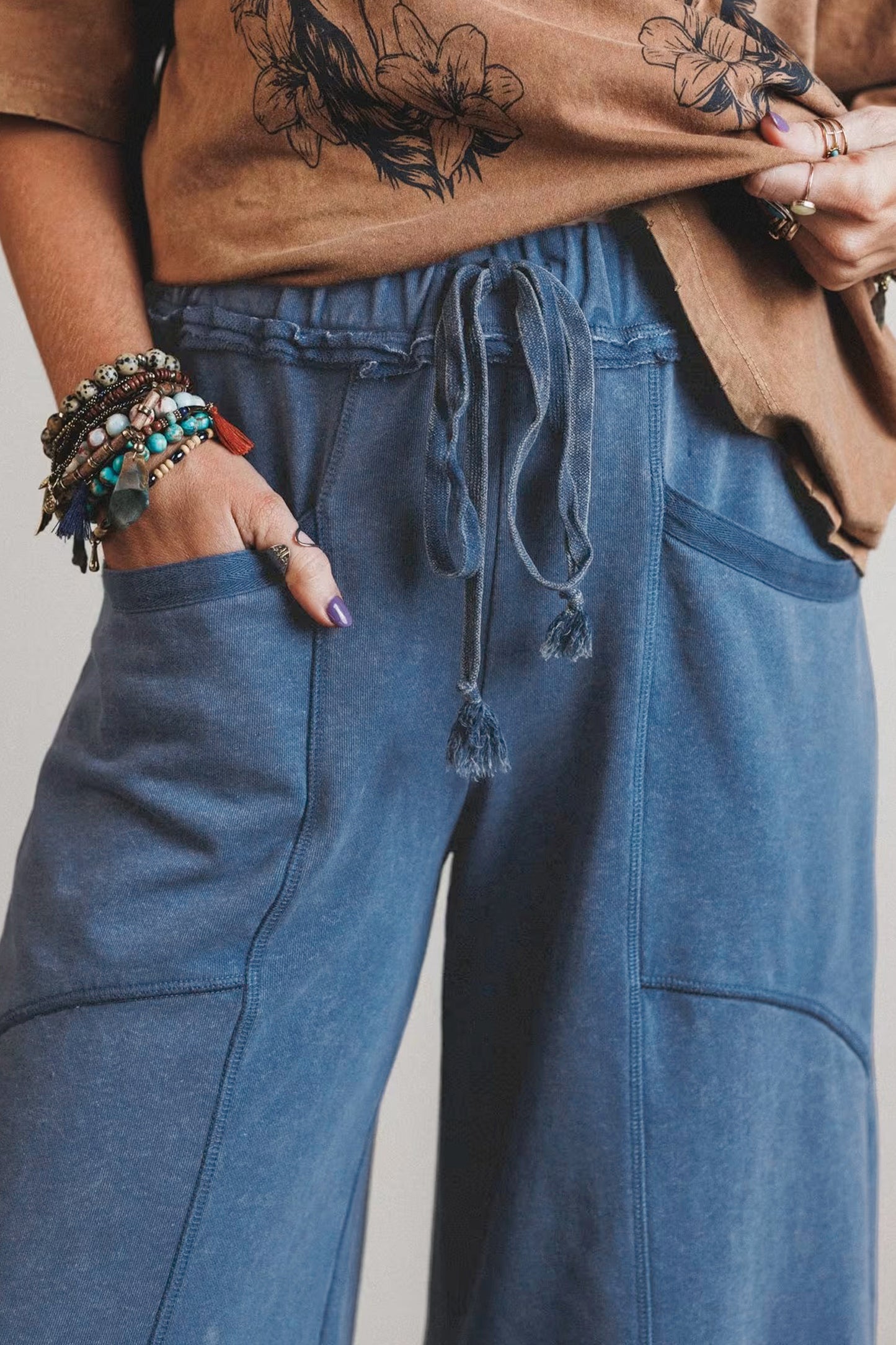 Mineral Wash Retro Westernbroek met trekkoord hoge taille en wijde pijpen