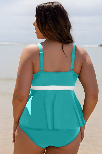 Turquoise tankini met contrasterende tailleband en kleurblokken plus size