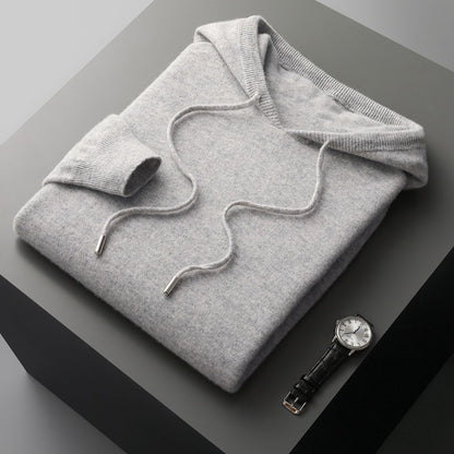 Mens Hooded Cashmere Blend Sweater Solid Color Long Sleeve Knit Pullover