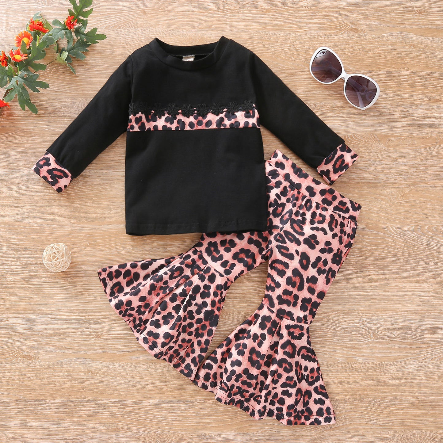 Meisjes Stiksels Lange mouwen T-shirt Luipaardprint Uitlopende Broek Set
