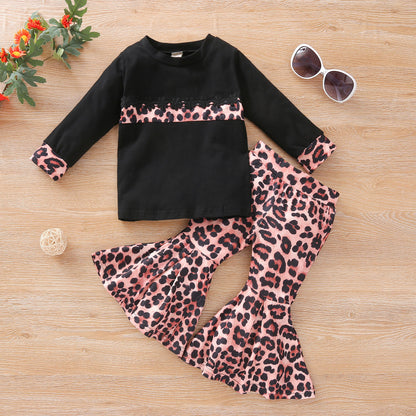 Meisjes Stiksels Lange mouwen T-shirt Luipaardprint Uitlopende Broek Set