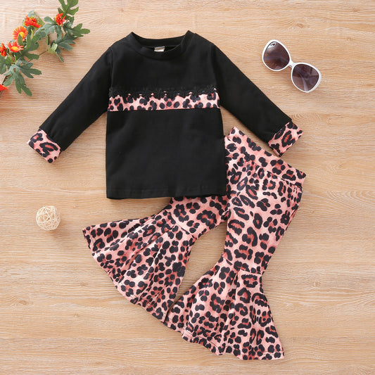 Meisjes Stiksels Lange mouwen T-shirt Luipaardprint Uitlopende Broek Set