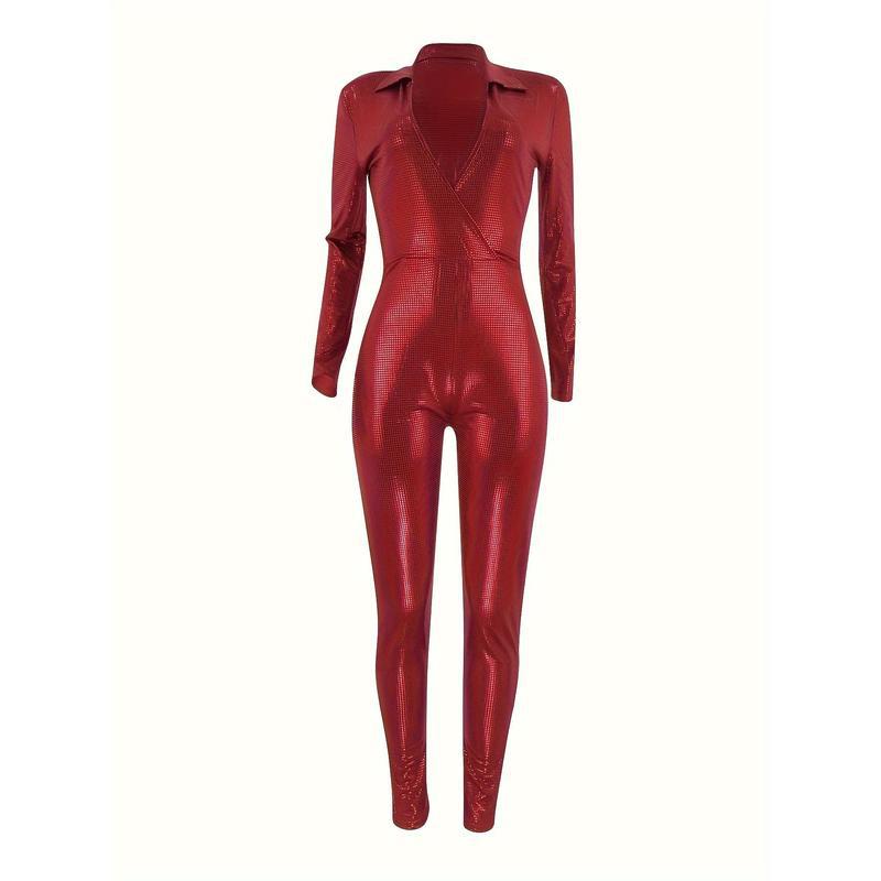 Chic Sequin V Neck Jumpsuit Durable Stretchy&