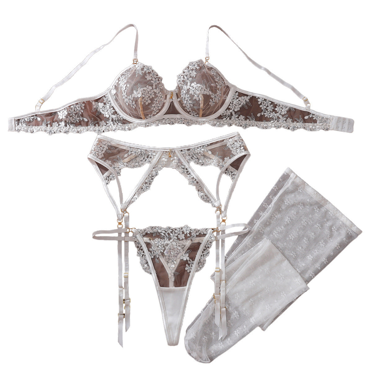 Floral Embroidery Underwire Push-Up Lingerie Set with Stockings