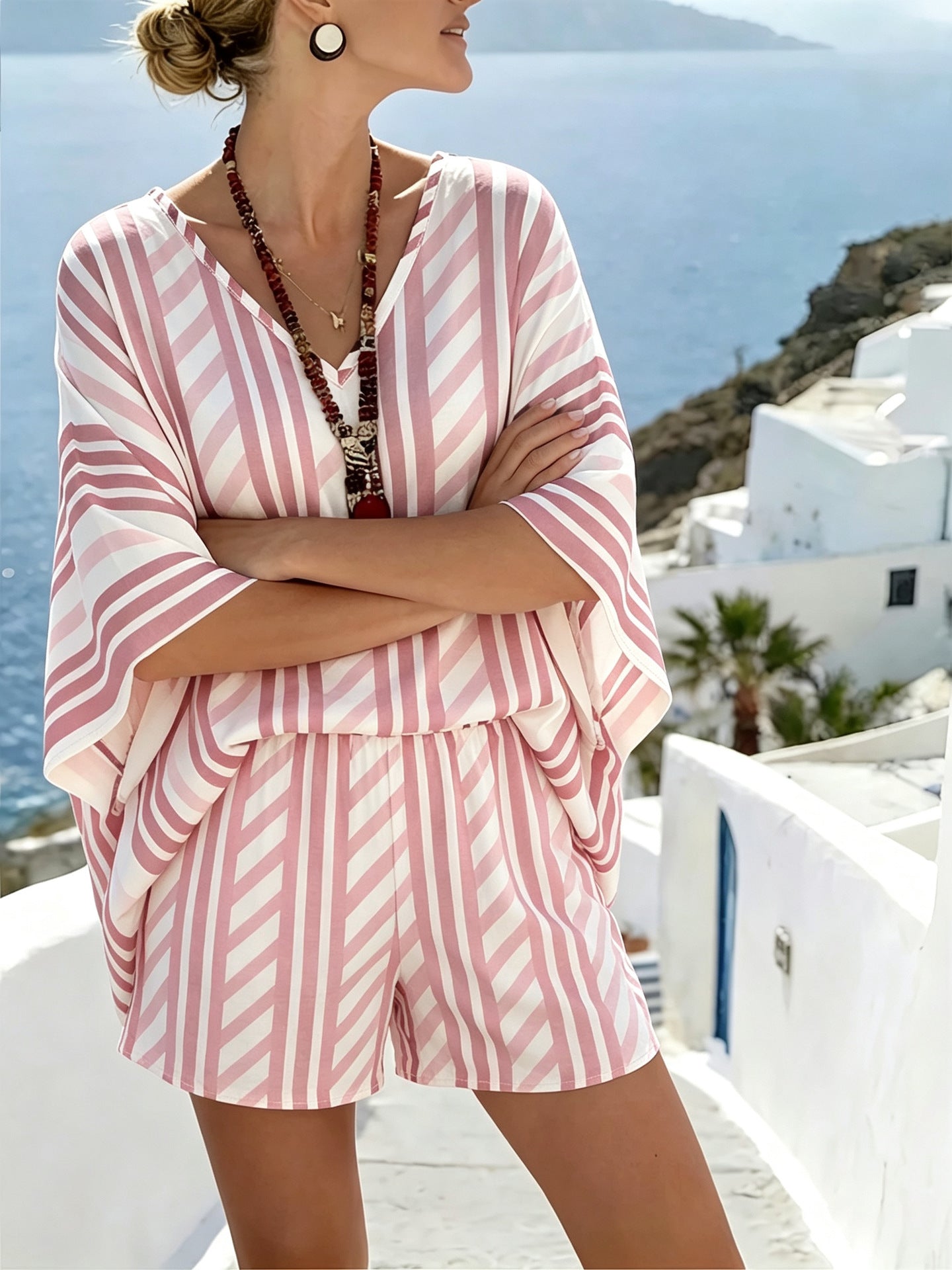 Printed V-Neck Loose Casual Two-Piece Women Fashion Vacation Shorts Set