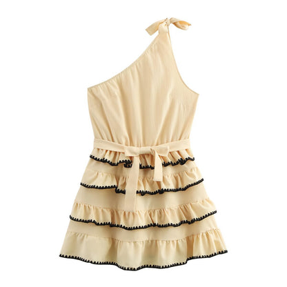 Summer fashion sleeveless shell craft slanted shoulder cake skirt dress for women