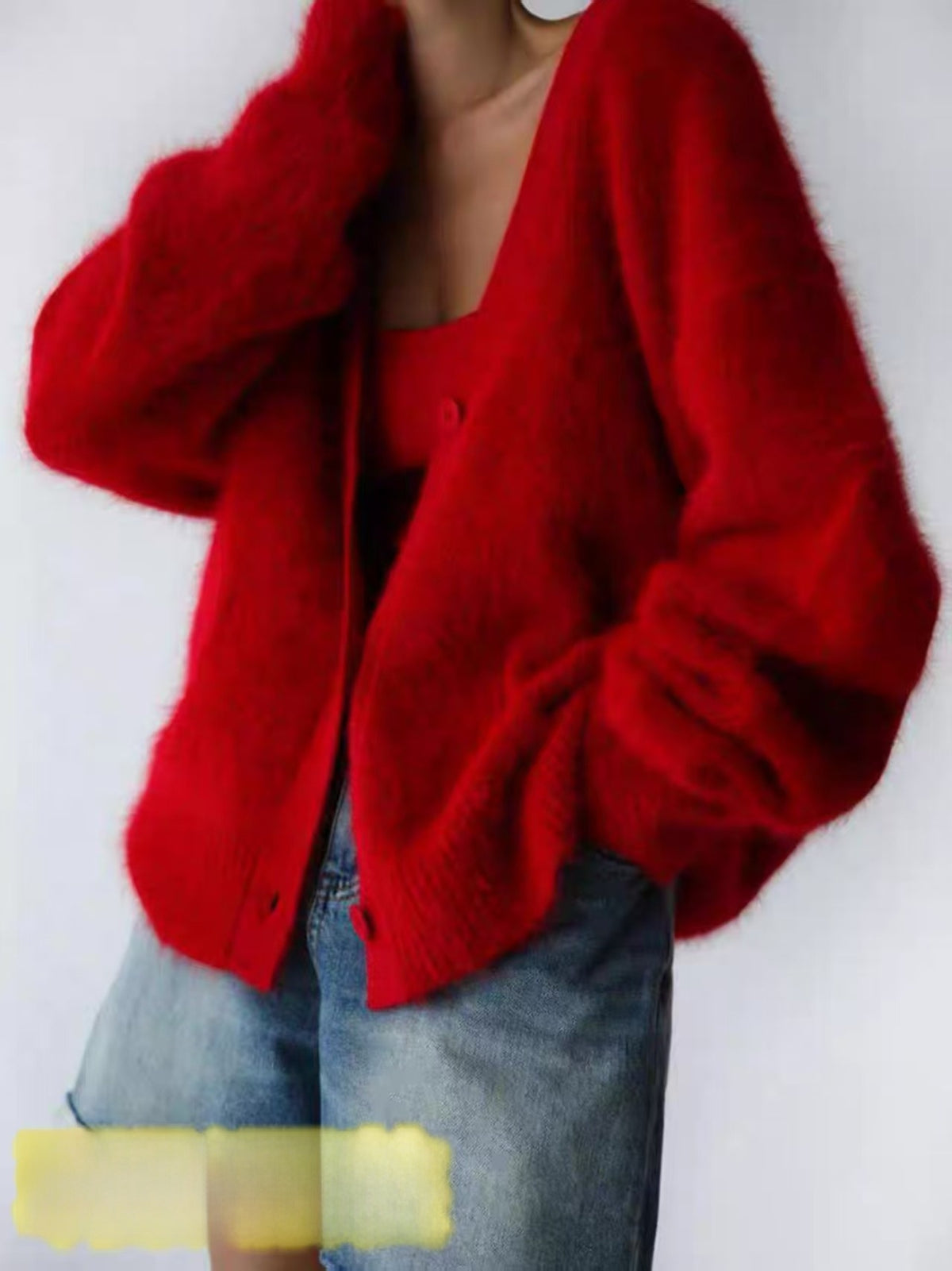 Women's Imitation Mink Fur V-Neck Long Sleeve Knit Cardigan Sweater