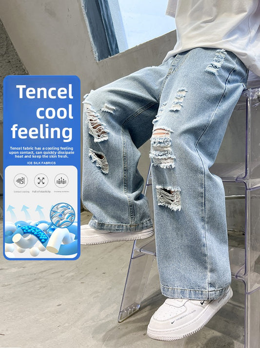 Boys Tencel Ripped Wide Leg Jeans