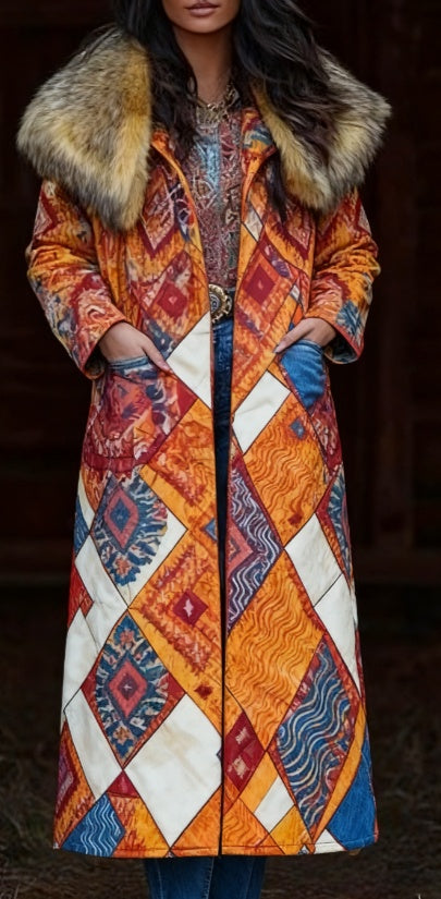 Retro Warm Printed Long Coat